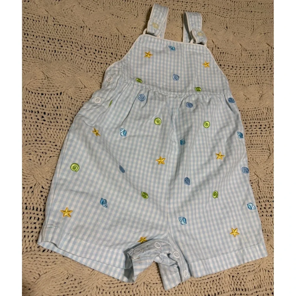 Gymboree Vintage 2003 Gingham Seashell Starfish Shortall Romper Blue 18-24M